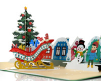 Tarjeta de felicitación navideña 3D con diseño de Papá Noel en trineo y árbol de Navidad