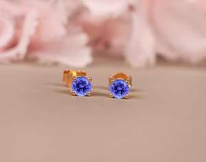 Pendientes de Tanzanita Natural de 4MM, Plata de Ley 925, Chapados en Oro de 14K, Joyería con Piedra de Nacimiento para Mujer, Aniversario - Product Image 3