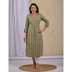 Green Georgette <b>Block</b> <b>Printed</b> Straight Kurti Ankle-Length Indian Dress Pakistani for Party Wear Includes Salwar Kameez Saree - Product Image 3