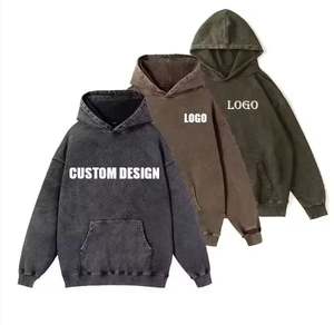 Algodón de gran tamaño en blanco Vintage desgastado piedra ácido lavado logotipo personalizado sudadera Casual piedra lavado Puff impresión sudaderas con capucha - Product Image 1