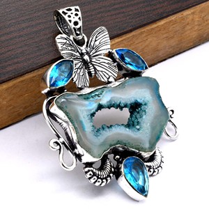 Collar con colgante para mujer, colgante de ágata Druzy y Topacio Azul, piedras preciosas naturales surtidas, joyería para fiestas para mujer - Product Image 1