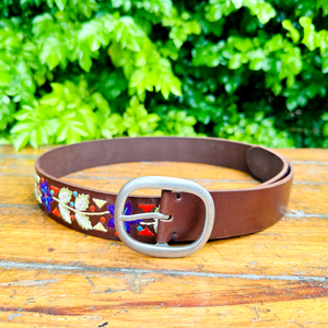 Ceinture en cuir véritable de qualité supérieure unisexe Broderie florale Style détresse Boucle centrale Longueur personnalisée Décontractée pour hommes - Product Image 2