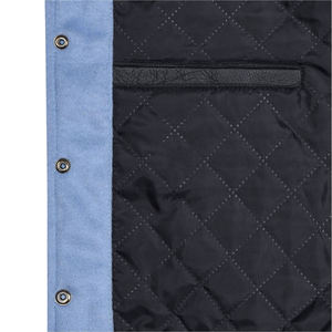 Custom Light Blue Varsity Jacket Mens <b>Wool</b> Blend Body <b>White</b> Faux Leather Sleeves College Bomber Style Snap Button Coat - Product Image 5