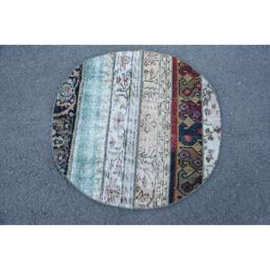 Alfombra de lana turca Vintage hecha a mano, diseño clásico de retales Beige, alfombra de felpa de 2,9x2,9 pies, respaldo de látex para sala de estar y pasillo - Product Image 3
