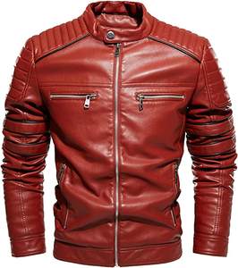Blouson en cuir enduit pour homme avec col montant réfléchissant style motard épais - Product Image 1