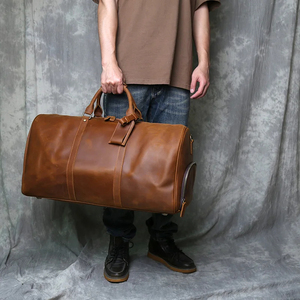 Bolsa de Viaje de Fin de Semana Plegable de Cuero Genuino, Ligera, de Gran Capacidad, con Cierre de Cremallera, Portátil, Resistente, Color Marrón - Product Image 3