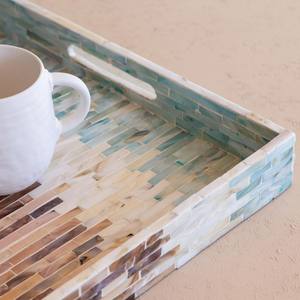 Plateau en nacre rectangulaire, tons pastel, incrusté à la main, plateaux de service décoratifs pour la décoration moderne de la maison, décoration de salon - Product Image 3