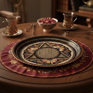 Plateau rond Bakr au design traditionnel avec motif floral gravé, technique de gravure, diamètre 34 cm - Utilisation décorative - Product Image 1
