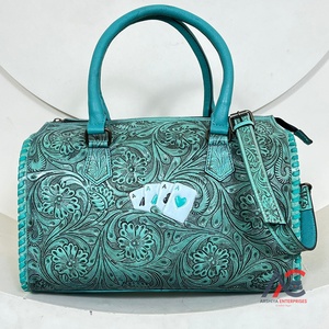 New Hand Tooled Leather Adjustable Speedy Duffel <b>Bag</b> Outdoor Activity Zipper Closure Card Design Genuine Cow Leather Duffle <b>Bags</b> - Product Image 1