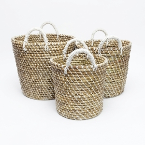 Natural Seagrass Storage <b>Basket</b> Set White Rope Wrapped Handle Round Planter Pot Laundry Bin Setup Decor Pure Art Room Design - Product Image 1