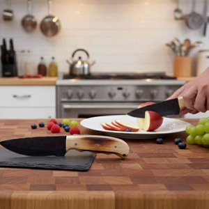 Couteau de chef de cuisine à lame fixe en acier au carbone forgé à la main, manche en bois, étui en cuir, ensemble de quatre pièces, ambidextre - Product Image 3