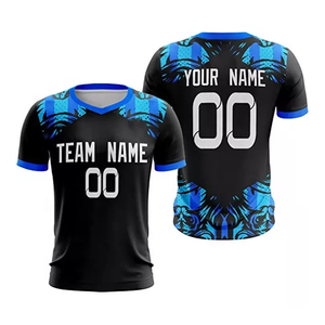 Camiseta de fútbol de sublimación azul negro 100% poliéster 160 GSM tela transpirable nombre del equipo personalizado y número camiseta de fútbol - Product Image 1
