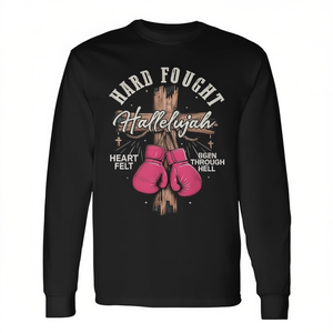 T-shirt à manches longues Hard Fought Hallelujah, design de boxe chrétienne, gants roses, croix, déclaration de foi, col rond unisexe - Product Image 3
