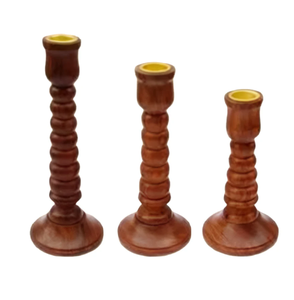 Ensemble de 3 bougeoirs en bois fabriqués à la main Style indien rustique Supports de pilier autoportants pour décoration de table Tailles 6 7 8 pouces - Product Image 1