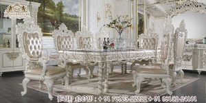Ensemble de table à manger en teck moderne au design rococo royal blanc or, meubles élégants pour salle à manger, taille personnalisée - Product Image 6