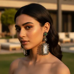 ต่างหูทองชุบทรงเรขาคณิตประดับมุกและเพชร ดีไซน์ทันสมัยสไตล์ศาสนา ทำจากทองแดงผสมทองเหลือง - Product Image 2