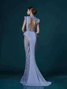 Tissu Satin élégant pour femmes Maxi longue robe de soirée longueur au sol haut à paillettes de mariage pour les fêtes événements pour les fêtes de mariage - Product Image 5