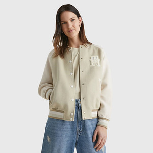 Wholesale Custom Women's Beige Varsity <b>Jacket</b> With Embroidered Letter H Logo Full Sleeve O-Neck Autumn Style - Product Image 4