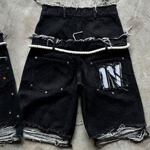 Shorts en coton à double taille pour homme, style streetwear, lavage à l'acide avec strass, tricotés - Product Image 4