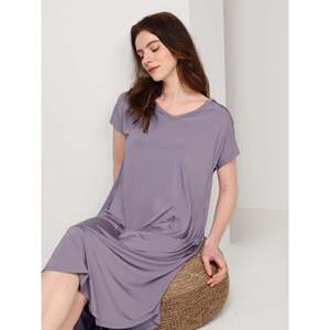 Custom Premium Casual Short-Sleeve Nightgown Spring Season Bamboo Filament <b>Elastic</b> Waist Soft Knitted Spandex Solid Pajama <b>Dress</b> - Product Image 2