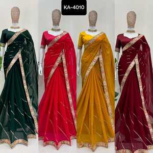 Indian Ethnic Wear Faux Georgette with Coding with Sequence Work Party Wear Saree with Mono Banglori Silk Blouse for Women Wear - Product Image 5