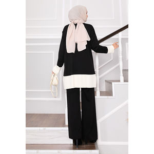 Two-Tone <b>Knit</b> <b>Set</b> for Autumn Loose Fit Casual and Formal Style with Stone Buttons Black Pleated Crocheted Weaving Breathable - Product Image 5