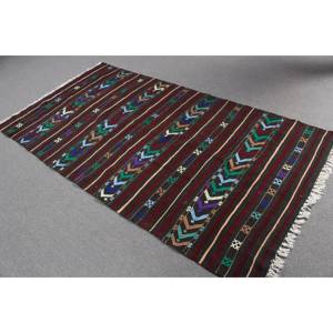 Vintage Turkish Kilim Rug 4.1x8 ft (125x245 cm), <b>Brown</b> Solid <b>Wool</b> Rug - Product Image 2
