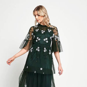 Elegante Vestido de Noche de Lujo con Mangas, Adornado con Cuentas y Bordado, Estilo Línea A, Vestido de Graduación de Tul para Fiestas - Product Image 1