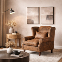 Fauteuil en cuir véritable de style mid-century modern avec accoudoirs |   Cadre en bois massif rembourré de mousse |   Fauteuil club vintage, meubles pour la maison, pour villa