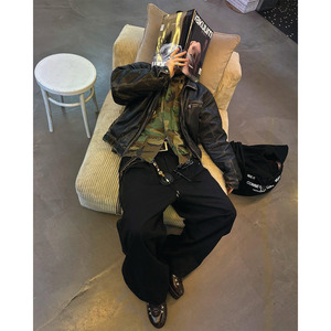 แจ็กเก็ตหนังวินเทจสีดำโอเวอร์ไซส์สำหรับผู้ชายแจ็คเก็ตหนังวัวแบบย้อนยุคมีซิปสไตล์คลาสสิกพอดีกับเสื้อแจ็กเก็ตของผู้ชาย - Product Image 3