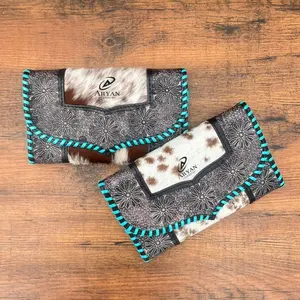 Women's Tooled Leather Turquoise Laced Wallet Genuine Cowhide Hand Stitch Leather Wallet Western Hair On Hide Credit Card Wallet