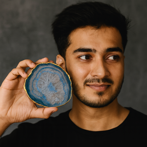 Sous-verres en agate bleue de luxe en gros avec bordure dorée, tranche d'agate de cristal naturelle, sous-verres de table pour le café et le thé - Product Image 5