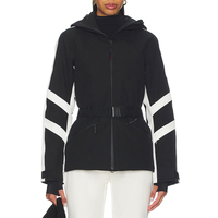 Chaqueta de Esquí Personalizada para Mujer, Invierno, Negra y Blanca, Cierre Frontal con Cremallera, Cinturón en la Cintura, Capucha Ajustable, Puños Ajustables, Resistente al Viento, Transpirable, Ecológica, ODM
