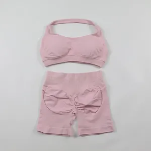 Shorts sans couture ensembles Yoga ensemble femmes 2 pièces licou soutien-gorge de sport Scrunch bout à bout Gym Yoga ensemble court vêtements d'entraînement vêtements de sport d'été hommes - Product Image 5