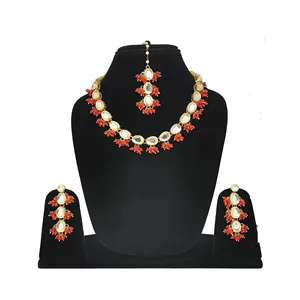 Parures de bijoux de mariée plaquées or 24 carats Kundan, collier rouge à une seule couche avec zircon pour mariage - Product Image 1