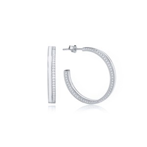 Boucles d'oreilles créoles 28 mm en argent sterling 925, émail blanc et zircon, fermoir poussoir, fabrication artisanale turque, vente en gros - Product Image 2