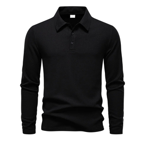 Camisa Polo de Manga Larga con Cuello en V y Botones, Color Sólido, Transpirable, al por Mayor, 100% Poliéster, Camisa Polo de Manga Larga para Hombre - Product Image 1