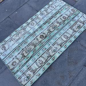 Alfombra Turca Vintage de 2.1x3.8 pies (65x117 cm), Alfombra a Rayas Azul Gris - Product Image 2