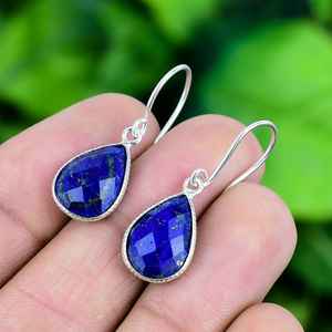 Boucles d'oreilles pendantes en argent sterling 925 massif, style bohème afghane, lapis-lazuli hydro, taille poire 8x10mm, sertissage clos, pour femme, mariage raffiné - Product Image 4