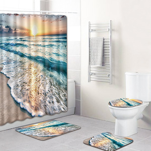 Ensemble de tapis de salle de bain à imprimé abstrait tendance, rideau de douche, couvercle de toilette, tapis de bain, 4 pièces - Product Image 1