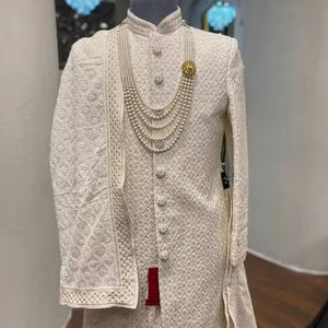 2024 último novio elegante Sherwani con bordado a mano Dabka trabajo cuentas de cristal pantalones y zapatos combinados de talla grande disponibles - Product Image 1