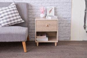 Mesita de noche de 1 estante de estilo japonés minimalista moderno con tablero de partículas de almacenamiento/acabado laminado de papel MDF para dormitorio - Product Image 3