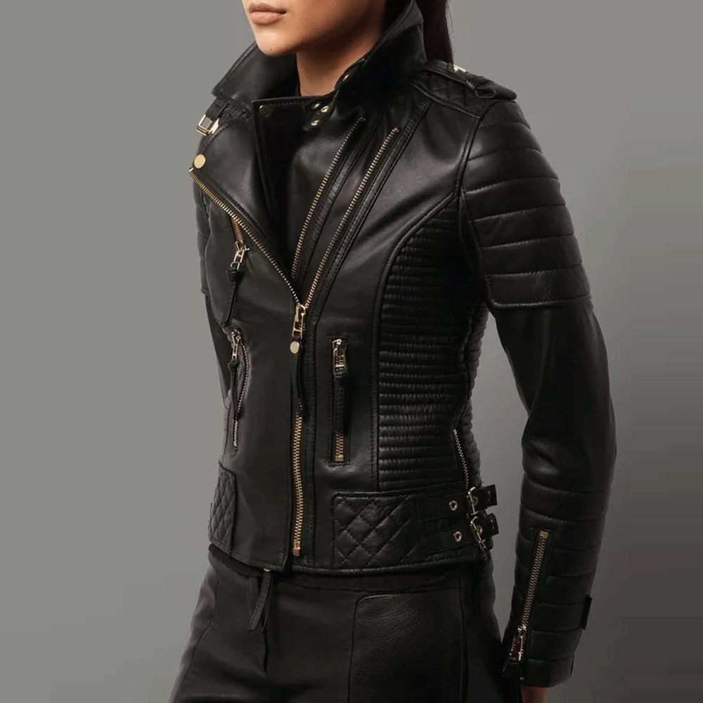 HOT New Women's Gold Zipper Black Jacket 100% Real Lambskin Leather Moto  Biker Jacket