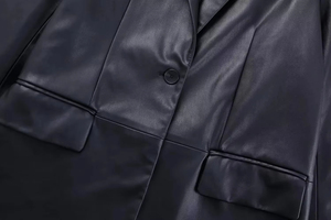 Vintage Ladies Outerwear Cow Skin <b>Leather</b> Casual <b>Blazer</b> With Long Sleeve and Patch Pocket Bonded Processing - Product Image 3