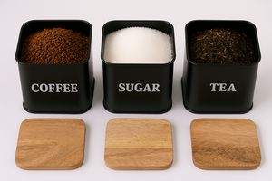 Modern Set of 3 Black Metal Wood Airtight Food Storage Containers with Lids Coffee <b>Tea</b> Sugar <b>Canister</b> Kitchen Storage Box - Product Image 5