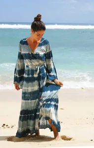 Hermoso escote en V mangas completas largo Tie Dye estampado Floral patrón hasta el suelo Maxi Natural para mujeres para vacaciones - Product Image 6