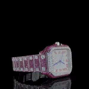 Reloj de diamante de moissanita rosa de acero inoxidable automático personalizado de alta calidad recién llegado Premium rojo Romano 20mm cristal analógico - Product Image 2