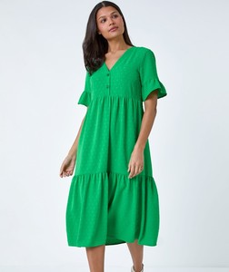 Nouveau été femmes porter rayonne cravate teinture couleur unie à manches courtes robe à la mode et tenue décontractée col en V avec bouton courte robe ample - Product Image 1