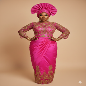 Conjunto de Boda Premium Ecológico de Tela George Dorada Hecha a Mano, Material Tradicional Nigeriano para Mujer y Niña, Blusa y Wrapper - Product Image 4