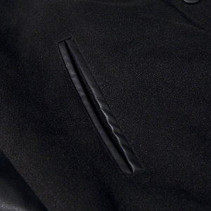 Wholesale Letterman Canvas Wool High Quality V-neck Collar Zipper Closure Winter Jacket for Men <b>Real</b> Cow Leather Sleeves Front - Product Image 4